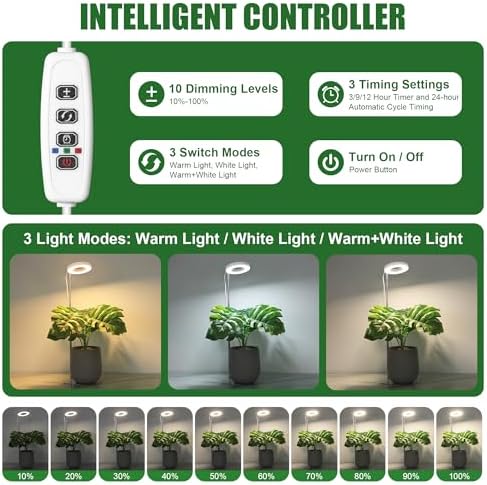3.54" White Grow Light, Full Spectrum Plant Lights for Indoor Growing with 3/9/12H Timer, 3 Color Modes, 10 Brightness, 6.6"-24.8" Height Adjustable, Small Halo Grow Light with Base, 2 Pack - Image 3