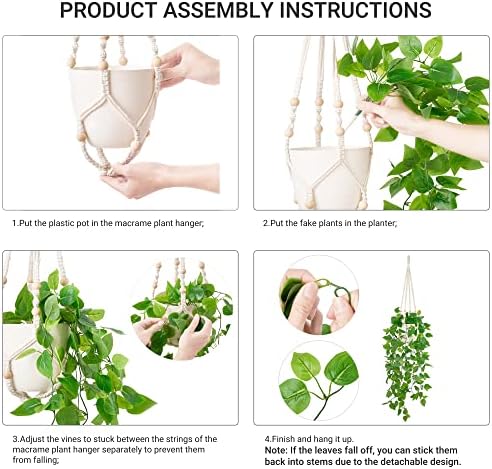 Mkono Fake Hanging Plant, Macrame Hanger with Pothos Vines & Pot, Ivory - Image 3