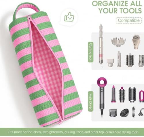 Striped Hair Tools Travel Bag Compatible with Dyson Airwrap & Shark FlexStyle, Portable Cute Hair Tool Organizer Case for Curling Iron, Flat Iron & Styling Accessories (Pink&Green) - Image 4