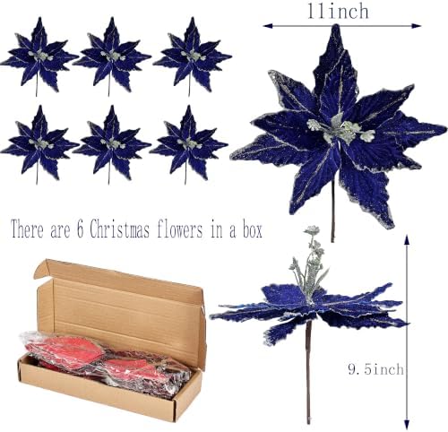 Kimura's Cabin 6Pcs Artificial Poinsettia Christmas Flowers Set,Royal Blue - Image 2