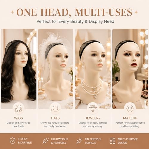 17-inch Female Mannequin Head Form with Eyelashes and Lips Display Stand for Wigs, Hats, Jewelry - Image 4