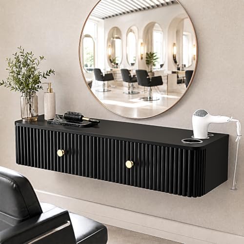 OmySalon Wall Mount Salon Station, Hair Stylist Cabinet with 3 Heat Resistant Dryer Holders, 2 Drawers, Modern Style Barber Storage Station for Barbershop Salon SPA, Solid Black - Image 2