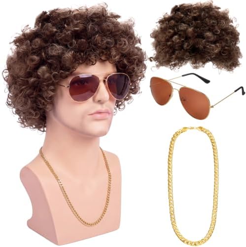 Gejoy Mens Disco Costume Set, 70s Afro Wig Glasses Chain, Brown Hair - Image 2