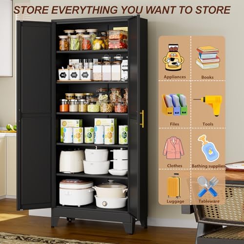 75" Black Metal Storage Cabinet with 2 Doors and 5 Adjustable Shelves,Steel Garage Tool Cabinet, File Cabinet,Kitchen Pantry Cabinet for Home,Office,Garage,School,Warehouse - Image 6