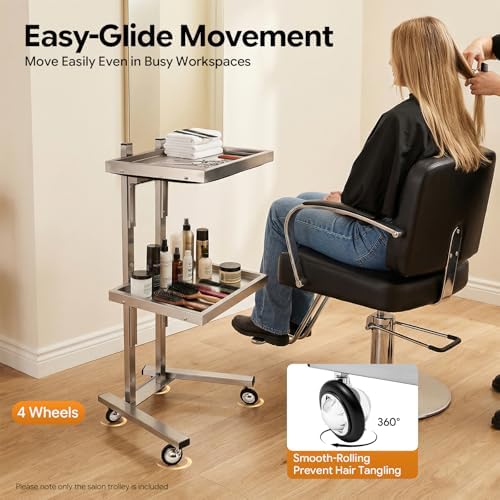 2 Tier Metal Rolling Cart, Stainless Steel Salon Tray with Wheels, Foldable Utility Carts, Folding Salon Tray Trolley for Tattoo (Silver) - Image 3