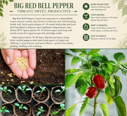Big Red Bell Pepper Seeds (Capsicum annuum) – 50+ Non-GMO Heirloom Seeds by Isla’s Garden Seeds, Sweet & Crisp Large Peppers, High-Yield Warm-Season Variety for Garden Beds or Containers, Garden Gift - Image 5