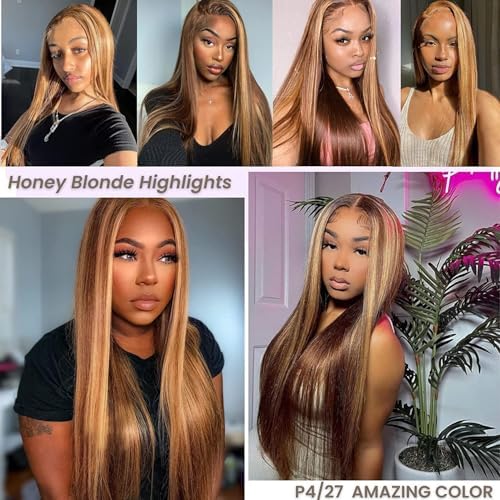 ALHER Small Cap Lace Front Wigs Human Hair 24 IN #4/27 Honey Blonde Highlight Straight 13X4 Lace Frontal Wig With Baby Hair 200% Density, Small Cap 21-21.5 Balayage Piano Colored Wig for Black Women - Image 2
