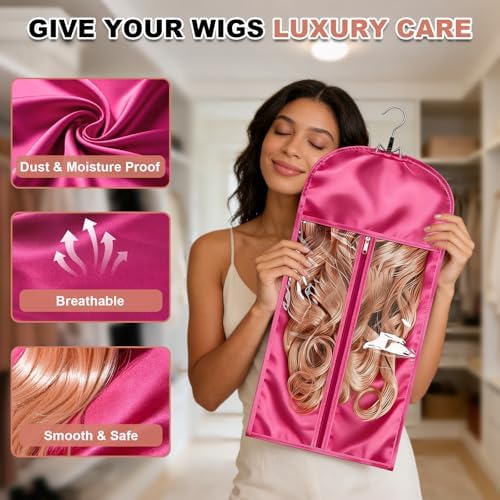 2 Pack Pink Silk Satin Wig Storage Bag with Hanger, Breathable Hair Extension Holder for Styling & Organizing, Dust-proof Silk Case for Protecting Hair Extensions & Wigs - Image 2