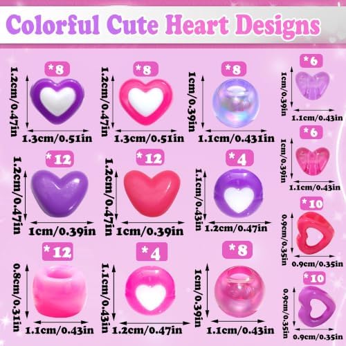 NAISKA 108PCS Purple Hair Beads for Braids Hot Pink Heart Loc Beads 13 Styles Hair Bead Set 2 Colors Dreadlock Jewelry Lovely Hair Accessories for Kids Girls - Image 4