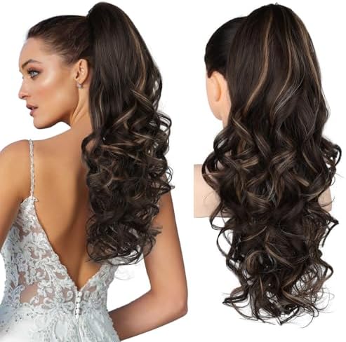 REECHO Ponytail Extension, 24" Claw Clip in Long Curly Wavy Ponytail Hair Extension Jaw Clip on Pony Tails Hairpiece for Women - Dark Chocolate Brown with Highlights by REECHO