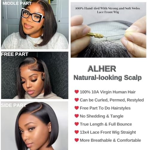ALHER Short Bob Wig Human Hair Small Cap Lace Front Wigs Straight, 13X4 Transparent Lace Frontal Wigs 180% Density for Women, Natural Color, Cap Size 21-21.5 12 Inch - Image 5