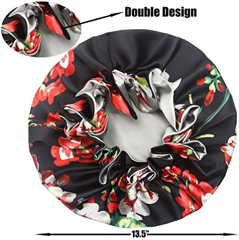 SENGTERM Women Adjustable Satin Bonnet Silky Sleep Cap Hair Bonnet Double Layered Reversible for Curly,Natural, Hair (XL-ADULT, XL Black Flower) - Image 2