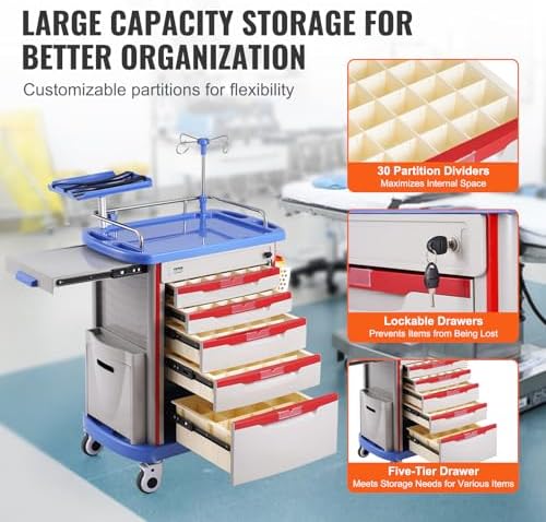 VEVOR Medical Crash Cart, Nursing Emergency Rolling Cart with 5 Drawers & 4 Silent Wheels, Adjust IV Pole, Needle Disposal Holder, Trash Bin, O2 Holder, Mobile Trolley for Hospital, Clinic, Lab, Salon - Image 3