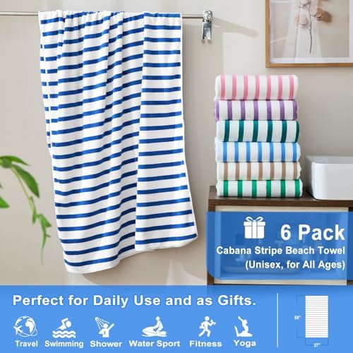 JML Microfiber Beach Towels, 6 Pack, 27" x 55", Cabana Stripe Dark Blue - Image 2