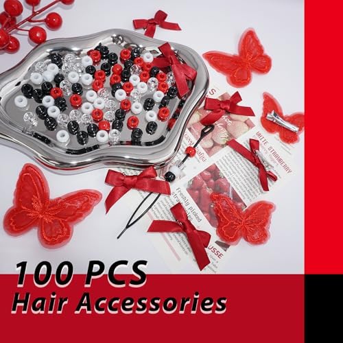 100PCS Hair Beads for Braids Coquette Red Bow Hair Clips Embroidery Butterfly Hair Clips Black Loc Dreadlock Beads Cute Hair Decoration for Girls Women - Image 6
