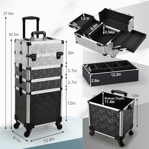 Stagiant Rolling Makeup Train Case Cosmetology Case on Wheels 4 in 1 Large Cosmetic Case with Wheels Makeup Travel Case with Keys Nail Kits Organizer Artist Salon Storage Traveling Cart Trunk Tricolor - Image 5