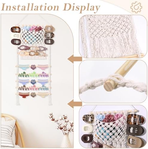 SNOWSTAR Macrame Hair Claw Clip Organizer,Large Capacity Mesh Bag Scrunchies Holder and Hair Ties Organizer for Women Girls,Hair Accessorie Hanging Storage Home Decor Wall,Door - Image 4