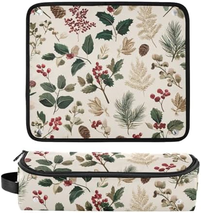 Hair Tools Travel Bag with Heat Resistant Mat Detachable 2-in-1 Curling Iron Travel Case Hot Tools Organizer for Straightener Flat Iron Beige Holly Leaves Pine Needles Pinecones - Image 3