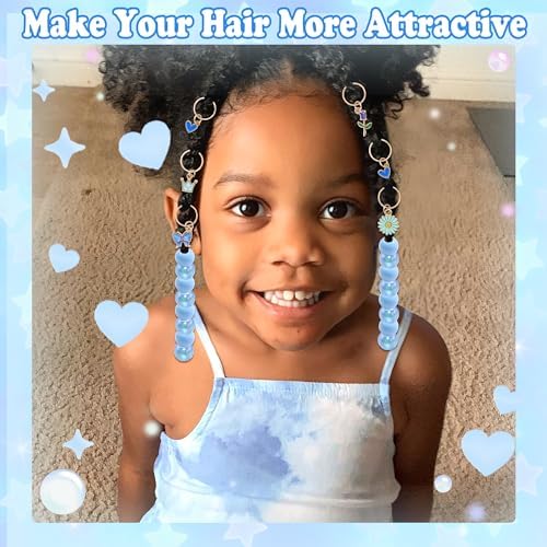 NAISKA 50PCS Blue Beads for Hair Flower Loc Jewelry 5 Styles Hair Charms Heart Butterfly Dreadlock Jewelry Braids Clips Lovely Loc Accessories for Kids Girls - Image 3