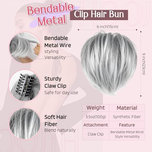 HOOJIH Ponytail Extension, Claw Clip in Straight Messy Hair Bun - 9 Inch Short Ponytail with Bendable Metal Wire Hair Pieces for Women - Fake Hair Bun - Ombre Gray with Platinum Gray Tails - Image 2