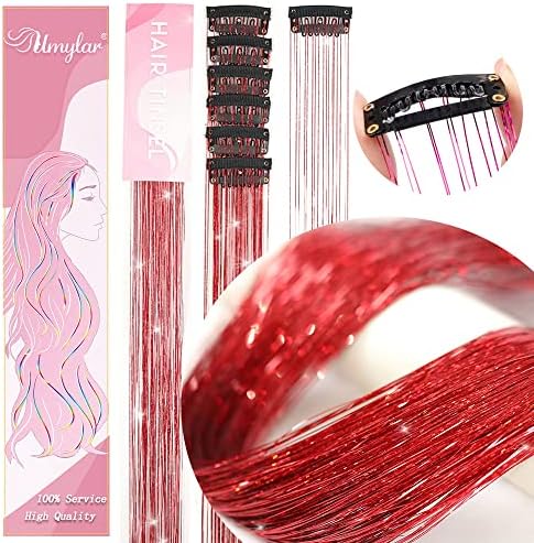 Hair Tinsel Pack of 12 Pcs Clip in Hair Tinsel Glitter Red Tinsel Hair Extensions, Festival Tinsel Fairy Hair Extension Party Dazzle Hair Accessories Strands Kit for Women Girls(12Pcs,Red#) - Image 2