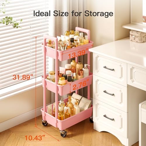 Pipishell 3 Tier Rolling Cart with Handle & Wheels for Storage, Pink - Image 3