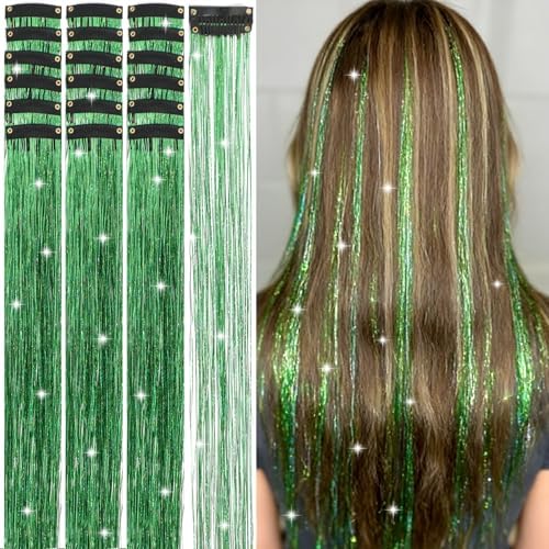Hair Tinsel Kit 18 Pcs Hair Tinsel Clip in Fuller Sparkle, Heat Resistant Clip in Glitter Tinsel Hair Extensions Fairy Green Hair Accessories for Women Girls Daily Party Festival (Green) by Unknown