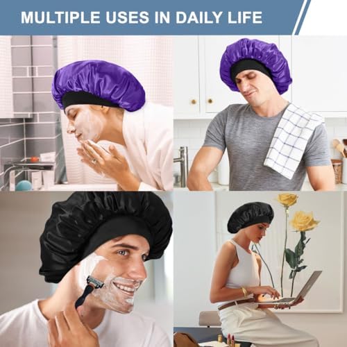 2 PCS Satin Silk Bonnet for Men Women, Hair Bonnet for Sleeping Men with Elastic Band, Large Silk Bonnet for Women Curly Hair Braids (Black+Purple) - Image 6