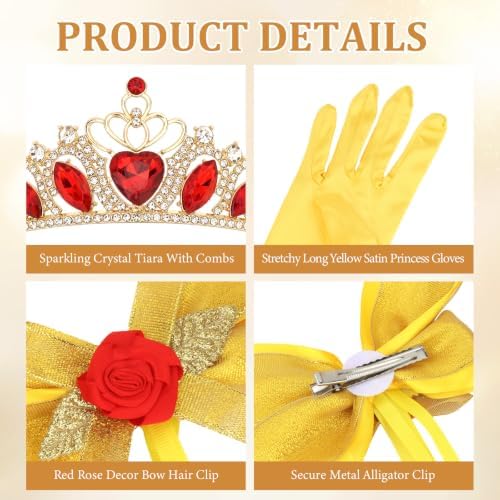 Princess Costume Accessories Crown Rose Hair Bow Yellow Gloves Kit - Image 3