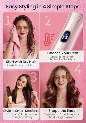 Infrared Thermal Brush 1.65”, 100M Negative Ions 2-in-1 Curling, Straightening & Smoothing Round Brush, 6 Heat Settings with LED Display, Lightweight Quiet, Dual Voltage, Auto Shut-Off, Pink Gift Box - Image 4