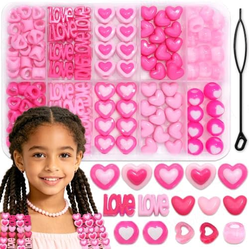 NAISKA 116PCS Pink Beads for Hair 10 Styles Box Braids Beads Hot Pink Pony Bead Lovely Heart Loc Jewelry Cute Braids Accessories for Kids Girls by NAISKA