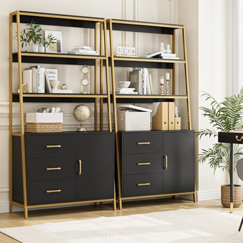 HITHOS Black Gold Bookshelf, 69" H Ladder Book Shelf with Drawers & Shelves - Image 4