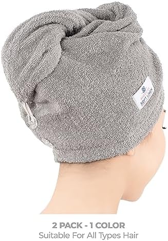 American Soft Linen 100% Cotton Hair Towels for Women, Head Towel Cap, Cotton Hair Turban Towel Wrap for Long Curly Anti Frizz Hair, Soft and Absorbent Cotton Hair Towels 2 Pack, Light Gray - Image 3