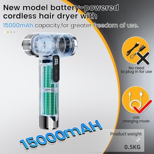 Cordless Rechargeable Hair Dryer, 15000mAh Battery Operated,USB Portable Blow Dryer，3 Adjustable Hot and Cold Air Settings, Used for Travel, Camping, and RV. - Image 2