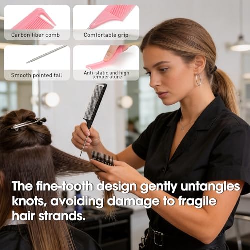 Rat Tail Combs Set: 3Pcs Long Steel Pin Teasing Combs for Salon Hair Stylists, Metal Parting Combs for Women (Purple, Black, Pink) - Image 4