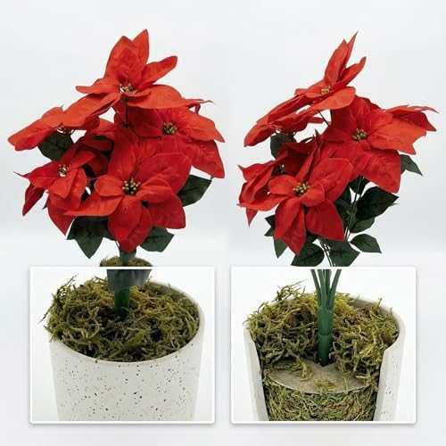 2 Pack Red Christmas Poinsettia Flowers in Pots, 18.9" Artificial Poinsettia Plants with Realistic Layered Petals, Speckled Pot and Moss Base for Holiday Indoor Decor, Table Centerpiece, Porch - Image 7