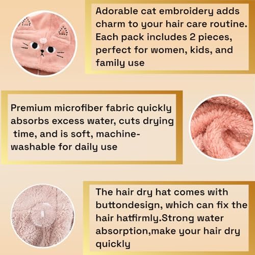 2 Pack Cat Microfiber Hair Towel Wrap for Women & Kids, Super Absorbent Hair Turban with Button, Soft Hair Drying Cap for Curly/Thick/Long Hair, Head Towel Wrap for Hair Care - Image 5
