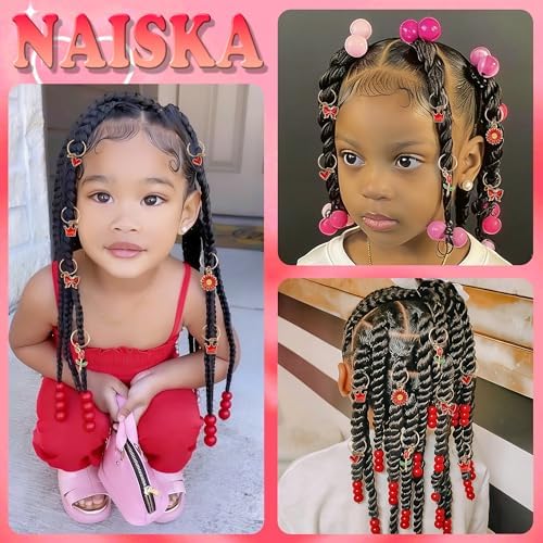 NAISKA 50PCS Red Hair Jewelry for Braids Cute Hair Beads Flower Heart Hair Charms for Girls 7 Styles Dreadlock Jewelry Loc Beads Valentine's Day Hair Accessories for Kids Girls - Image 7