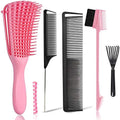 EZ Detangler Brush with Edge Brush, Rat Tail Combs Set for Natural, Curly, Wet/Dry, Black Hair, Flex Detangling Brush set for Hair Style and Cuting, No Pain and Easy Clean in Daily Use（Pink + Black) by MISSUHUI