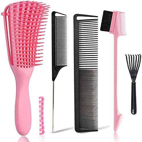 EZ Detangler Brush with Edge Brush, Rat Tail Combs Set for Natural, Curly, Wet/Dry, Black Hair, Flex Detangling Brush set for Hair Style and Cuting, No Pain and Easy Clean in Daily Use（Pink + Black) by MISSUHUI