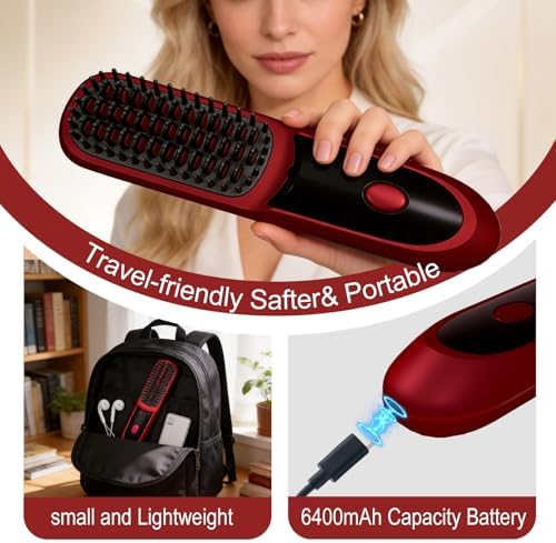 Go Brush Pro for Short Hair 2026, Portable Straightener Brushs for Travel, with LCD Temperature Display, Fast Heating Cordless Mini Hair Brushs(Red) - Image 5