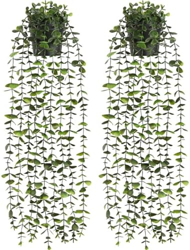 Waipfaru 2Pcs Fake Hanging Plants with Pot, Potted Faux Eucalyptus by Waipfaru