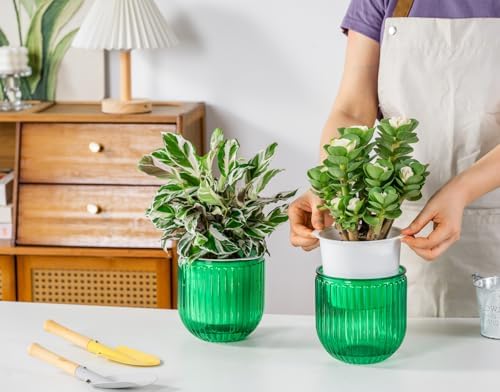Melphoe 2 Pack Self Watering Hanging Planters Indoor Flower Pots, 5.3 Inch Outdoor Hanging Basket, Plant Hanger with 3Hooks Drainage Holes for Garden Home (Emerald) - Image 3