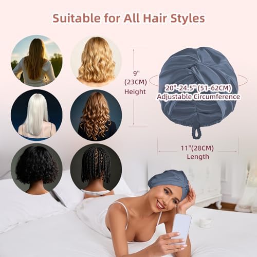 Adjustable Silk Satin Hair Bonnet for Sleeping Women, Double Layer, Silk Hair Wrap for Sleeping Women Men, Curly Natural Braid Straight Unisex - Slate Blue - Image 6