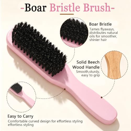 4Pcs Beech Wood Boar Bristle Slick Back Hair Brush Set Pink - Image 4