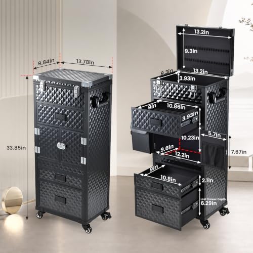 Rolling Makeup Case Salon Cart 5-In-1 Cosmetology Case on Wheels 3 Drawers - Image 6