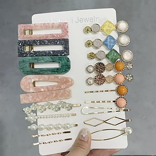 Mehayi 20 PCS Pearls and Acrylic Resin Hair Clips, Handmade Hair Barrettes, Marble Alligator bobby pins, Glitter Crystal Geometric Hairpin, Elegant Gold Hair Accessories, Gifts for Women Girls - Image 2