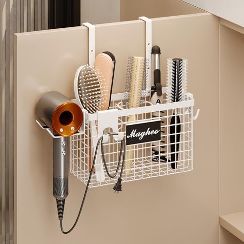 Magheo Hair Dryer Holder Cabinet Door 3-in-1 Adhesive Hair Tool Organizer Wall Mounted Adjustable Height Blow Dryer Holder Under Sink Bathroom Hair Appliance Organizer and Storage Countertop(White) by MAGHEO