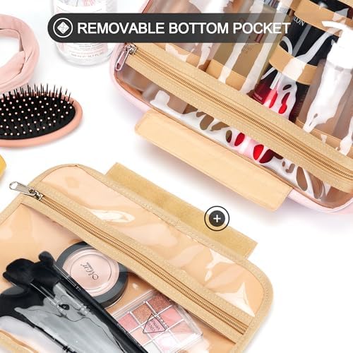 Travel Hanging Toiletry Bag for Women, with Jewelry Organizer Compartment, Medium Waterproof Hanging Makeup Accessories, Cosmetic Essentials, Toiletries Dopp Kit Set with Trolley Belt, Baby Pink - Image 5