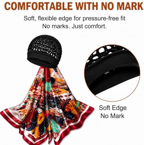 2 in 1 Wrap Cap Hair Net and Scarf for Silk Press, Satin Wrap Cap Bonnet for Women, Adjustable Stay-On Sleep Hair Net Scarf for All Hair Types (Red, One Size) - Image 4
